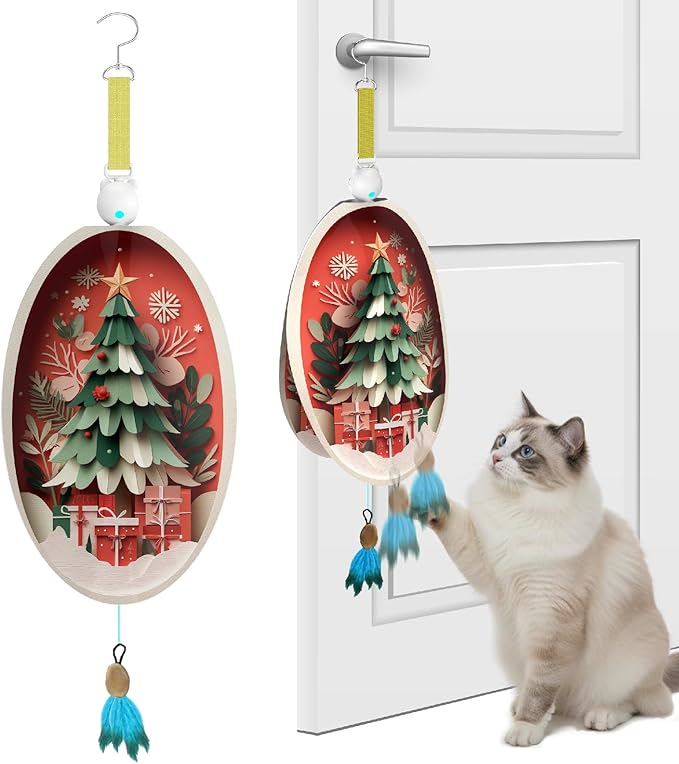 Interactive Cat Toys for Indoor Cats, Automatic Concealed Hide and Seek Hanging Feather Cat Toy, Rechargeable Motion-Activated Enrichment Toys for Bored Adult Cats (Christmas Tree Pattern）