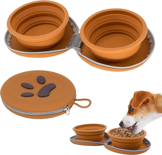 Collapsible Dog Bowls, 2-in-1 Pet Portable Travel Double Bowl Water Food Feeder Traveling Camping & Walking 25oz Brown