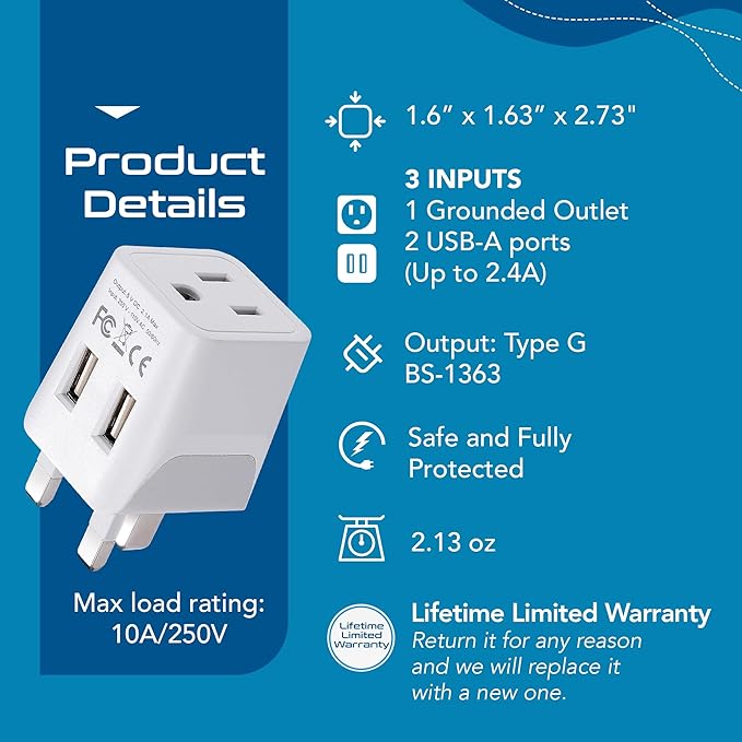 Ceptics UK, Hong Kong, CTU-7-2PK Ireland Travel Adapter Plug with Dual USB - Type G - London - USA Input - Light Weight - Perfect for Cell Phones, Chargers, Cameras and More - 2 Pack