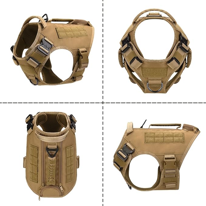 Tactical Dog Backpack Harness for Large Breed Original Design Metal Buckle Vest with Side Bags Pouches for Service Working Training (Khaki (Vest only), XL)