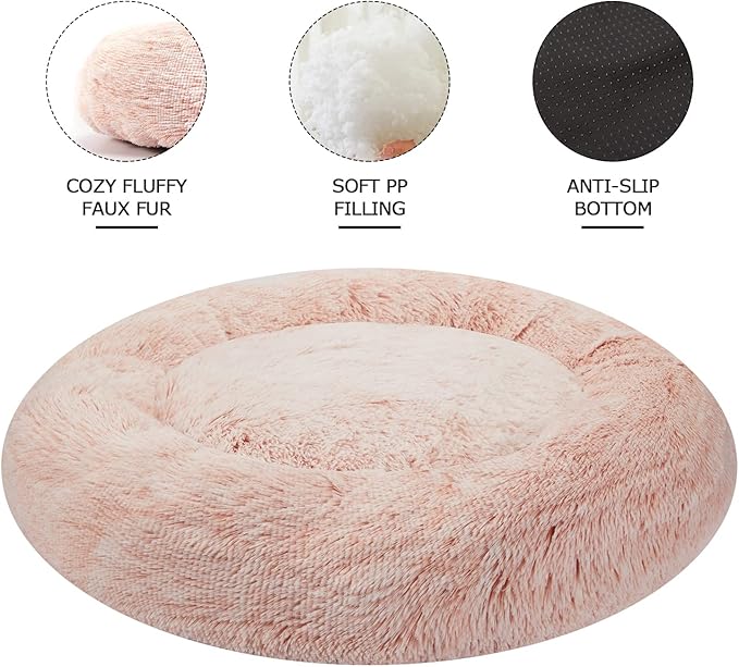 Bedfolks Calming Donut Dog Bed Cat Bed, 23 Inches Round Fluffy Dog Beds for Small Dogs, Machine Washable Anti-Anxiety Plush Puppy Bed（Pink, Small）