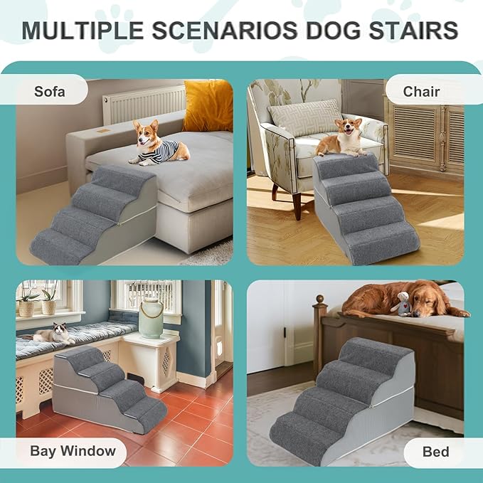 Docred 4-Step Dog Stairs for Small Dogs and Cats - Doggy Ramps, Non-Slip Sturdy Pet Steps for High Beds, Couch, Sofa, Washable Dog Ramp with Removable Cover