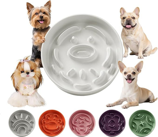 Ceramic Dog Slow Feeder Bowl - Small Dog Food Dish with Maze Puzzle Design - Slow Eating Puzzle Feeder for Pet Feed & Food Control - Whisker-Friendly Bowl for Cat Feeding - 6.3 Inch - 180 g - White