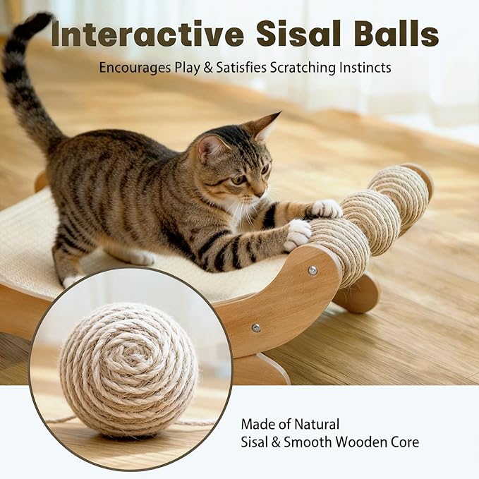 Sisal Cat Scratcher Bed with 3 Toy Balls for Indoor Cats, Durable Wooden 3-in-1 Hammock Lounge & Scratch Pad - Modern Furniture for Large Cats, Scratching Post Lounger