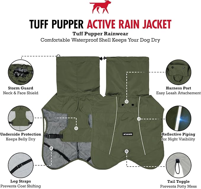 Tuff Pupper Waterproof Dog Raincoat | Full-Body Windproof Rain Jacket for Dogs | Reflective Strips | Breathable Mesh Lining | Adjustable Fit | Leash Port | Small Medium Large XL XXL Dogs (Olive, M)