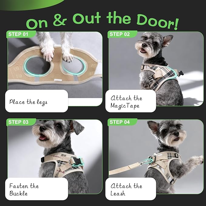 EXPAWLORER Plaid Small Dog Harness and Leash Set with AirTag Holder - Soft Padded Step in Dog Vest Harness Medium Sized Dog, No Pull Reflective Puppy Harness, Collar and Leash for Walking, Khaki XS