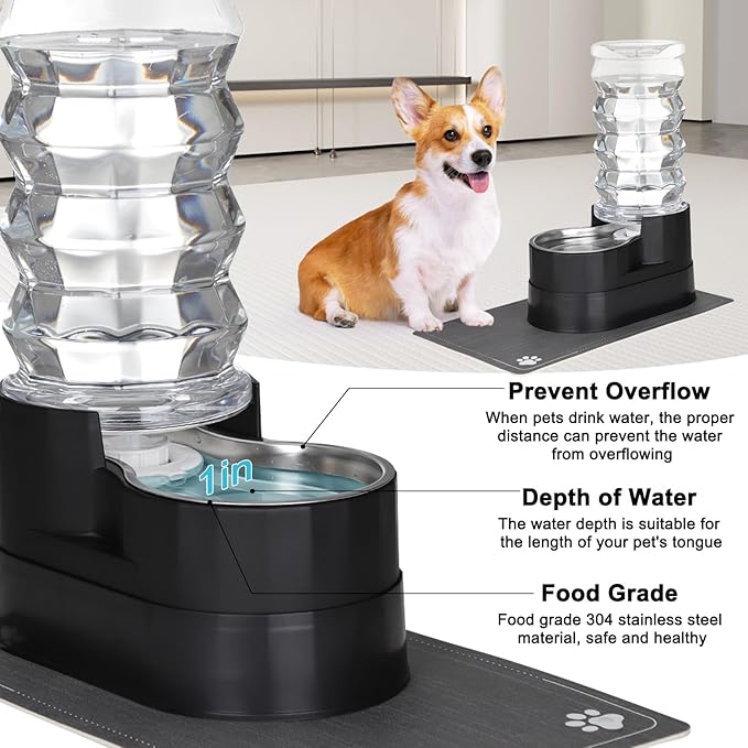 RIZZARI Large Water Dispenser for Dogs: 8L Raised Gravity Black Automatic Stainless Steel Waterer with Specialized Brush and Triple Filter for Senior Dogs - Good for Spine - in Bedroom Garden