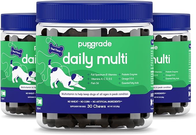 PupGrade Daily Multivitamin for Dogs - All-in-One Supplement for Digestive, Immune, Skin and Coat Health - Probiotic Enzymes, Omega Fish Oil, Vitamins A, C, D & E – 90 Soft Chews