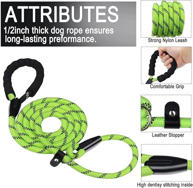 6 FT Dog Leash, Heavy Duty Rope Dog Leashes, Strong Training Dogs Leash with Comfortable Padded Handle and Highly Reflective Threads for Small Medium and Large Dogs, (Green)
