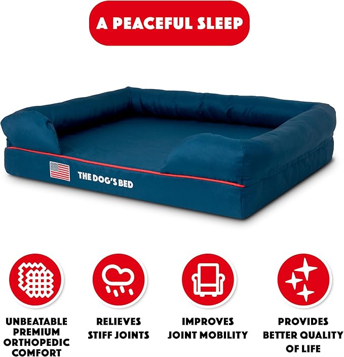 The Dog’s Bed, Large Blue Oxford with Red Trim USA Flag Dog Bed Memory Foam, Pain Relief: Arthritis, Post Surgery, Lameness, Supportive, Calming, Waterproof Washable Cover, Veterinary Approved