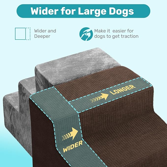 Dog Stairs for Bed, Extra Wide 4-Step Dog Steps for High Bed, High-Density Foam Pet Stairs with Non-Slip Removable Washable Cover for Small Pets, 18" H, Brown