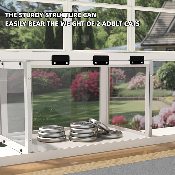 Window Cat Perch Catio, Wood Cat Window Box, Window Catio for Indoor Cats. Suitable Single Hanging Window with an Inner Diameter of The Window Frame with A Net Opening Width of 24-35 in（White）