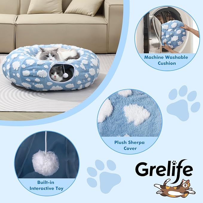 Grelife Cat Tunnel Bed for Indoor Cats, Cat Tunnel Christmas Tree Skirt with Washable Soft Plush, Cat Donut Tunnel Toys with Non-Slip Base, Perfect for Cats, Kittens, Small Pets(33.53")