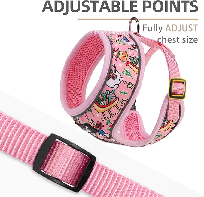 PUPTECK Soft Mesh Christmas Dog Harness and Leash Set Pet Puppy Cat Comfort Padded Vest No Pull Harnesses, Bright Pink, M