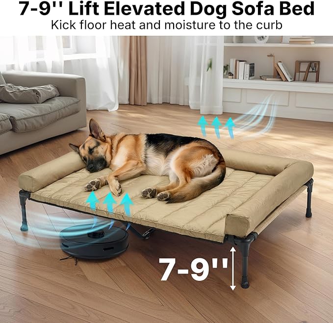 Veehoo Cooling Elevated Dog Bed Add Removable Waterproof Bolster Cushion Mat, Raised Pet Cot with Breathable Teslin Mesh, No-Slip Feet, Dog Couch Bed for Indoor Outdoor, 53 inches, Beige Coffee