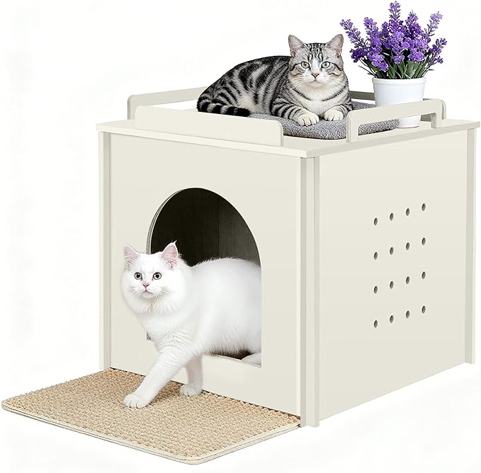 Wooden Cat Litter Box Enclosure, Hidden Litter Box Furniture with Litter Mat, Multi-Functional Cat House, for Living Room Bedroom Indoor, 23.2 x 17.7 x 19.3 inches, Beige