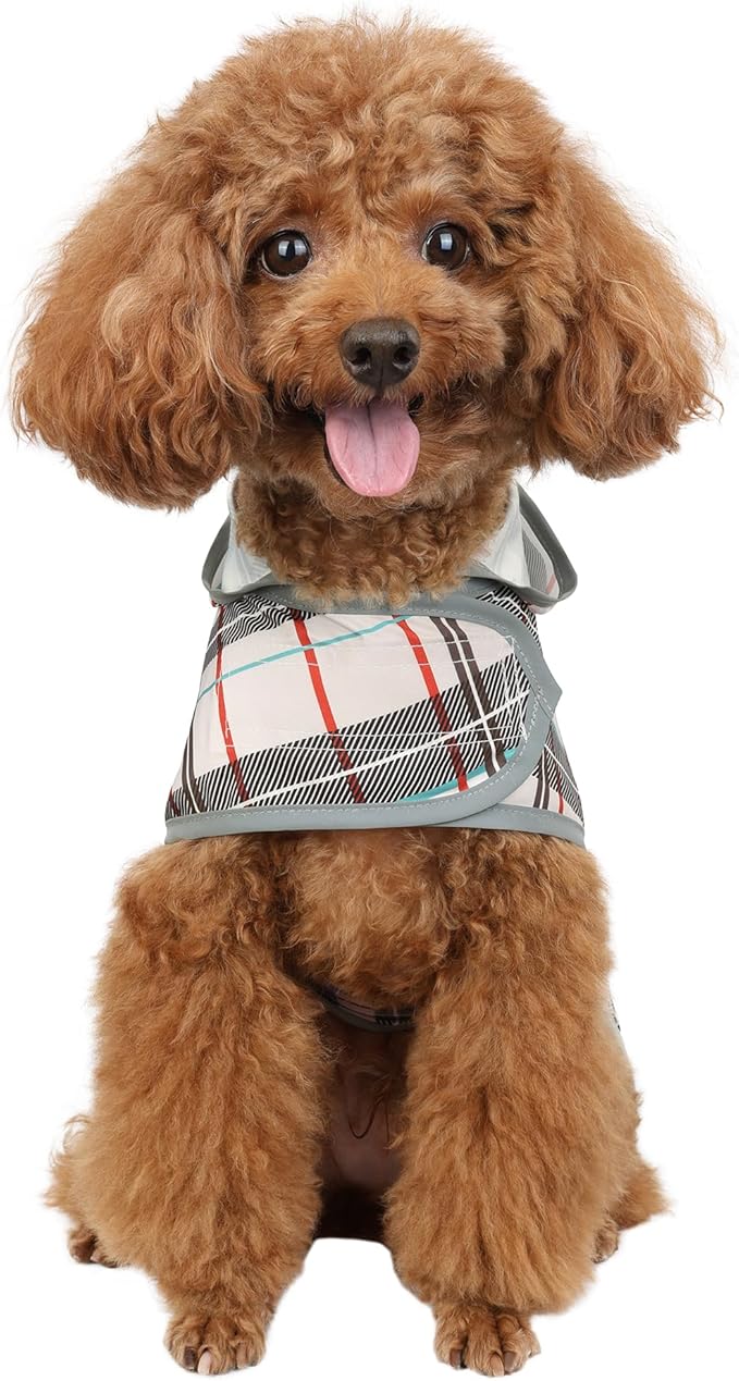 Dog Raincoats for Small Dogs Puppies Waterproof Hooded Rain Jacket with Reflective Strips Leash Hole & Poncho Adjustable Fit (Plaid,S)