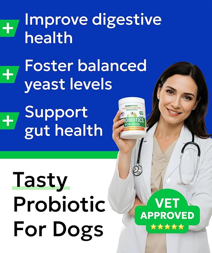 BARK&SPARK Dog Probiotics for Digestive Health w/Enzymes & Fiber - Diarrhea Gas Treatment Upset Stomach Relief - Allergy & Itchy Skin - Pet Probiotics for Dogs - (120Ct, Bacon)