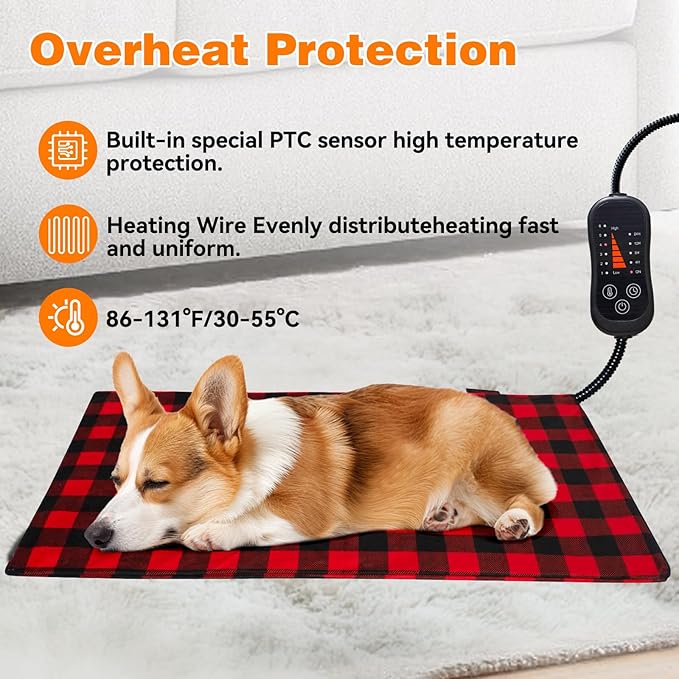 Pet Heating Pad, Adjustable Temperature Heated Dog Bed with Timer, Outdoor Waterproof Heated Pad with Anti-Chew Cord, Overheat Protection Warming Mat for Small and Medium Dogs (M:15.7"x27.6")