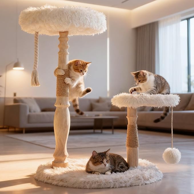Modern Cat Tree Tower for Indoor Cats, Natural Solid Wooden Branch with Sisal Scratching Post, Log Style Rome Cat Furniture with Perches Platform & Toy Ball