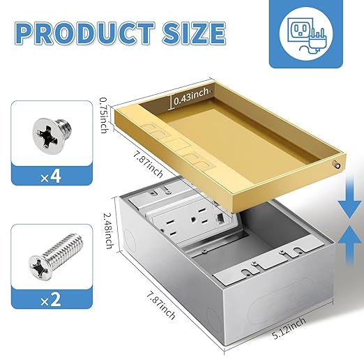Vagueior Recessed Flat Hidden Floor Electrical Outlet Kit,with 4 * 15A Receptacle+1 * 5V 2.1A USB Charging Ports+2-Port RJ45 Datacom Receptacle，Waterproof Electrical Outlet Covcer Box,Gold