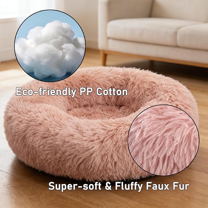 Calming Donut Dog Beds Large Sized Dog - Washable Removable Cover Non-Slip, Round Pet Bed Warming Fluffy Plush Faux Fur Anti-Anxiety Thick Cushion, Fits up to 80 lbs (Blush, 36")