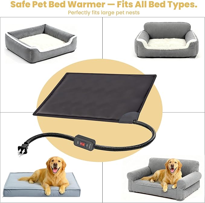 Pet Bed Warmer 25.5 x 19.5 in XL, Indoor Heated Pad Insert for Cats & Dogs, Turns Any Pet Bed Into a Cozy Waterproof Heating Mat, Safe Thermostat & Chew-Resistant Cord