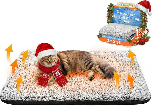 Self Warming Pet Bed for Cats & Dogs, Heated Pet Mat, 2.0 Upgraded Dual-Layer Thermal Foil Heating Pad, Plush Self-Heating Bed for Crate, Floor, with Removable Washable Cover, Non-Slip, Gray, 22"x34"