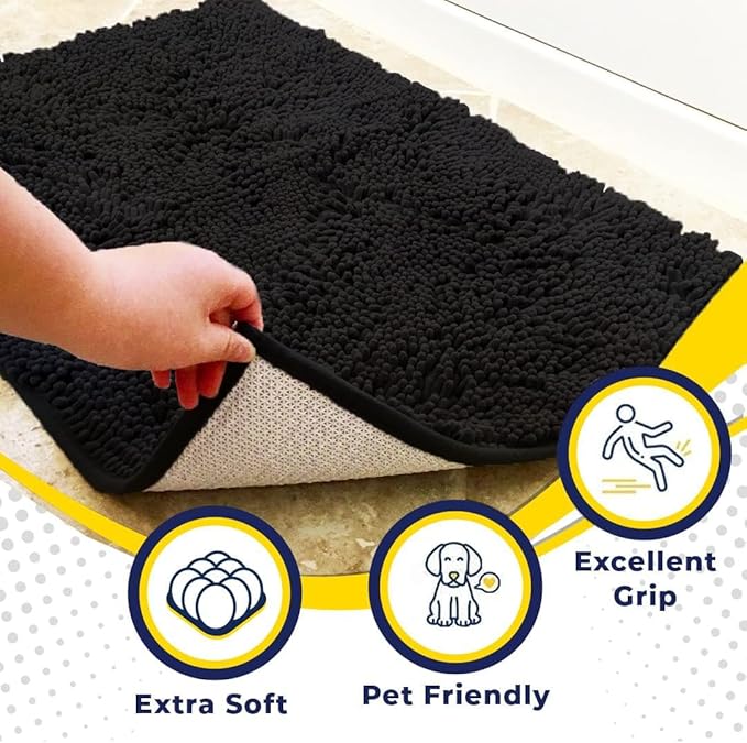 Muddy Mat® | Super Absorbent Door Mat Indoor, Microfiber Quick Dry Chenille Entryway Rug, Non-Slip Front Door Mat, Indoor Mats for Entryway, Machine Washable Pet Rug, Black XL 59"X35"