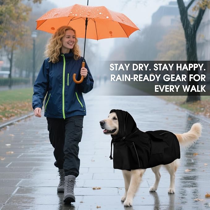 Dog Raincoat XXL, Waterproof Dog Raincoats for Large Dogs with Hood, Leash Hole, Reflect Strips, Ideal for Rain, Snow, Windy Weather & Outdoor Walks, Camping, Hiking - Black