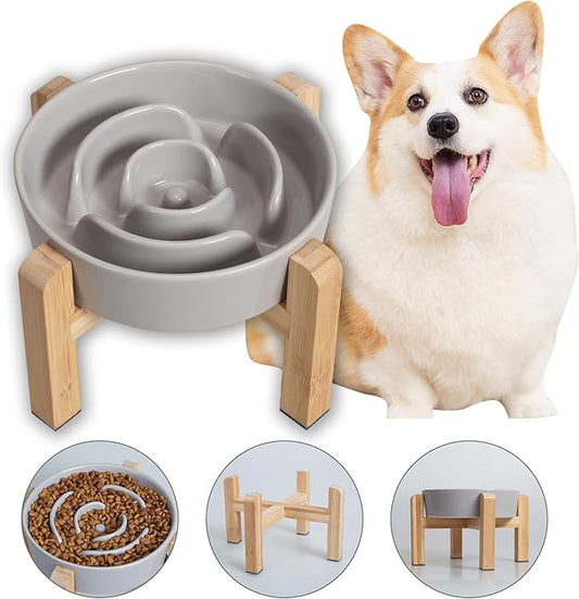 Elevated Slow Feeder Dog Bowl - Ceramic Maze Food Dish with Bamboo Stand - Raised Feeding Bowl for Fast Eaters - Ideal for Small and Medium Dogs - Grey - 6.7 inch