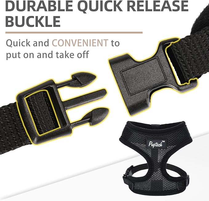 PUPTECK Soft Mesh Dog Harness and Leash Set Pet Puppy Cat Comfort Padded Vest No Pull Harnesses, Solid Black, M