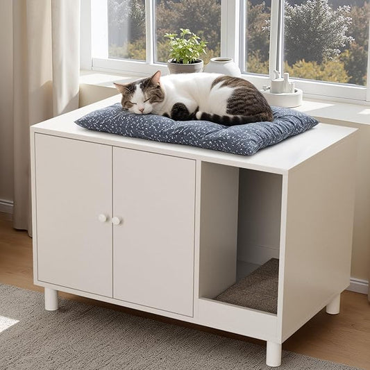 WARCAT Cat Litter Box Enclosure, Modern Hidden Litter Box Enclosure Furniture, Hidden Washroom with Scratch Pad, Barn Door Design, Indoor Cat House & End Table (White)