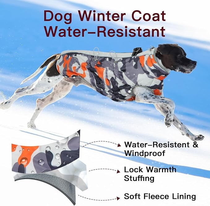 Dog Winter Jacket XX-Large Orange-Camouflage Water-Resistant Dog Coat with Harness for Large Dogs