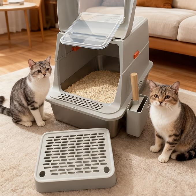 Stainless Steel Litter Box with Smart Odor Control System, XXL Extra Large Enclosed Metal Cat Litter Box with Lid for Kitty&Big Cats, High Sided Enclosure with Scoop & Stairway, Anti-Leakage-Grey