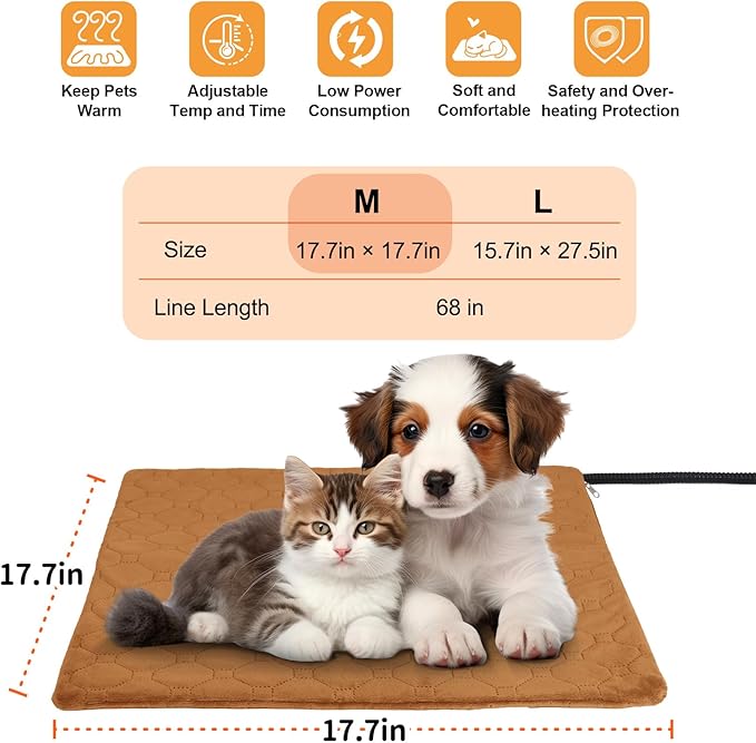 Cat Heating Pad, 6 Adjustable Temperature & 5 Timer Options, 17.7'' x 17.7'' Pet Heating Pad for Cats Dogs, Waterproof Indoor Outdoor Electric Heated Cat Bed Dog Mat with Chew-Resistant Cord (Brown)
