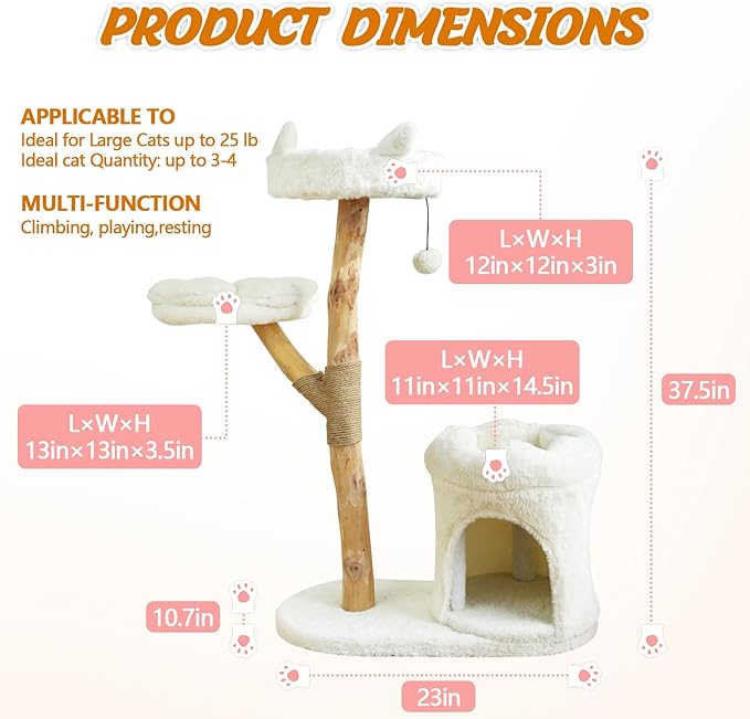 Real Wood Modern Cat Tower, Climbing Tower Cats Tree with Scratching Post and Ball, Cat Furniture with Flower Bed for 37.5" Tall, Branch Luxury Condo for Indoor Wood Cats Large Adult Tree, Warm White