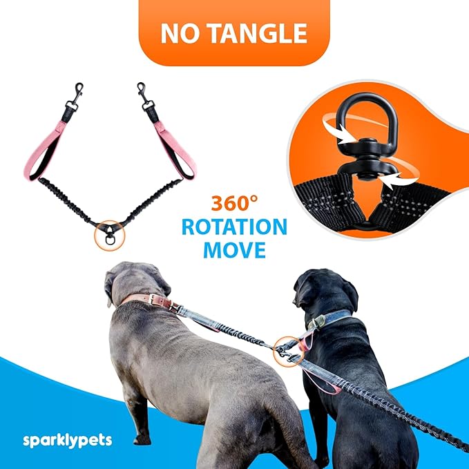 SparklyPets Hands Free Double Dog Leash – Dual Leash for Medium and Large Breeds – Lead for 2 Dogs with Padded Handles, Reflective Stitches, No Pull, Tangle Free