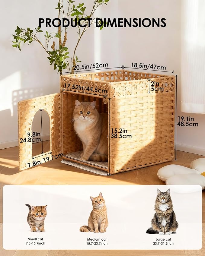 Cat Litter Box Enclosure Furniture - Handwoven Rattan Hidden Litter Box Cover with Mat and Fence, Enclosed Cat Box Furniture for Living Room & Bedroom, Natural Finish, 18.5" x 20.5" x 19.1"