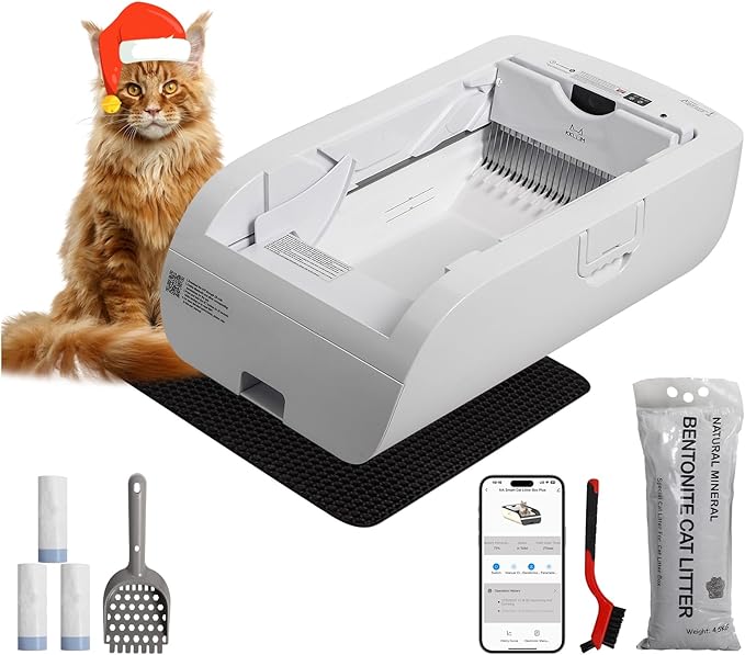 Self Cleaning Litter Box,Open-Top Automatic Cat Litter Box APP Control (2.4G/5G) with Health Tracking, Dual Safety Sensors&Odorless Design,Includes cat Litter & 3 Rolls Waste Bags(NO Tent)