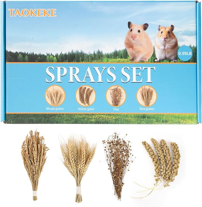 Hamster Spray Set - Natural Snack Grains & Chew Toys for Cage Decoration Accessories, Soft Bedding for Dwarf Syrian Hamsters, Gerbils, Mice & Small Pets