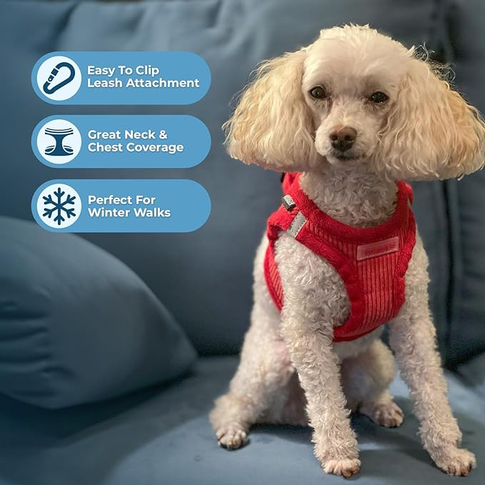 Best Pet Supplies - All Weather Mesh/Plush, Reflective, No Pull Harness for Small, Medium Dogs, Cats - Secure with Hook & Loop Fastener, Buckle, Double D-Rings - Red Corduroy, L