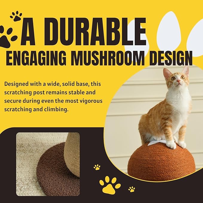 Shiitake Mushroom Cat Scratching Post – 100% Sisal Scratch Pole with Pompom Toy, Cute Shiitake Design for Indoor Cats, Durable Cat Scratcher Furniture