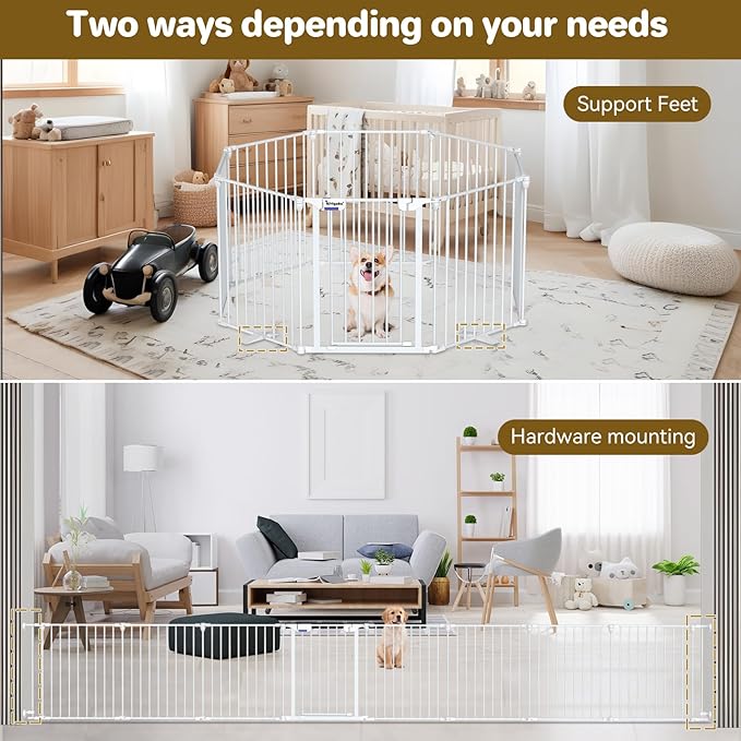 Dog Gate 27.5"-199" Extra-Wide Playpen, Freestanding Pet Gate, Puppy Fence with Auto-Close Door, Double Locking System for Fireplace, Foldable, Foldable (White, 8 Panels)