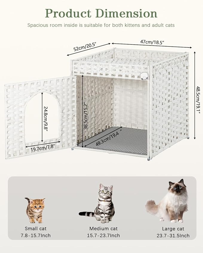 Cat Litter Box Enclosure Furniture, Hidden Litter Box with Mat and Fence, Handwoven Rattan Cat House with Two S-Shaped Hooks for Living Room, Bedroom, 18.5 x 20.5 x 19.1 Inches (White