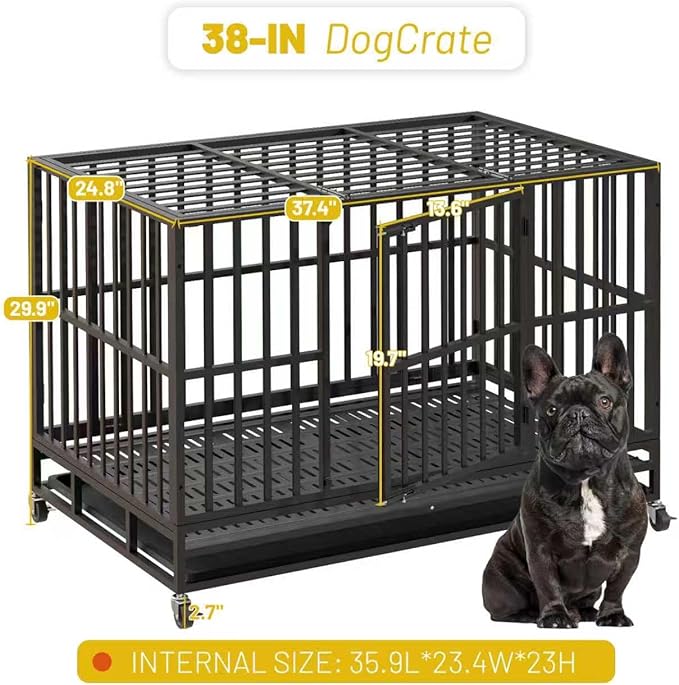 Escape-Proof Heavy Duty 38" Dog Crate, Indestructible Steel Kennel for Large & High-Anxiety Dogs with 300Lbs Capacity, Double Door Design with 4 Locking Wheels and Reinforced Baseplate.