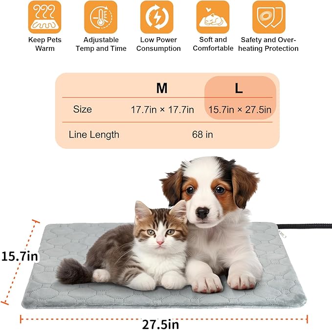 Cat Heating Pad, 6 Adjustable Temperature & 5 Timer Options, 15.7'' x 27.5'' Pet Heating Pad for Cats Dogs, Waterproof Indoor Outdoor Electric Heated Cat Bed Dog Mat with Chew-Resistant Cord (Grey)
