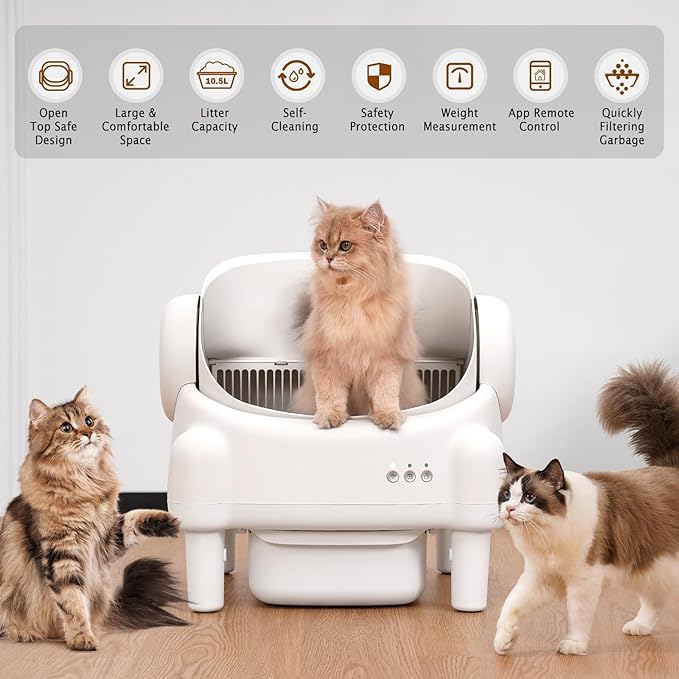 Self Cleaning Litter Box,Open Top Automatic Litter Box with App Control for Multiple Cats, Safety Sensors Protection, Odor Control Includes 2 roll Liners,Large Waste Bin, Cream White