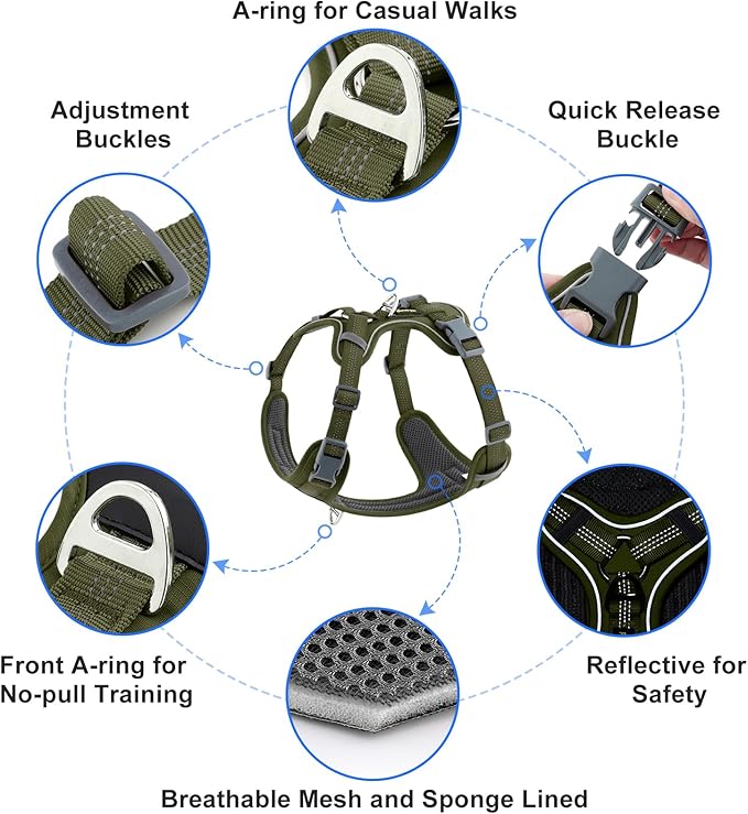 Plutus Pet No Pull Dog Harness, Release at Neck, Soft Padded, Reflective Adjustable Dog Vest Harness for Small, Medium, Large Dogs(Ranger Green, M)