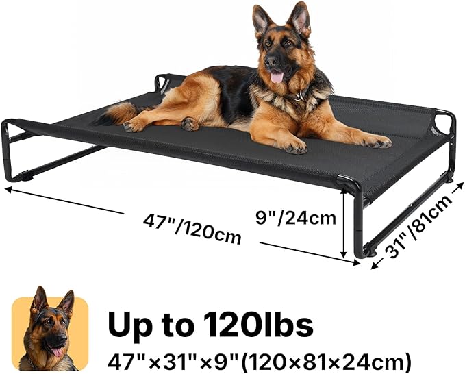 Veehoo Original Outdoor Elevated Dog Bed, Cooling Raised Dog Cot for Large Dogs, Portable Standing Pet Hammock Platform with Washable Breathable Mesh, No-Slip Feet, X-Large, Black, CWC2201